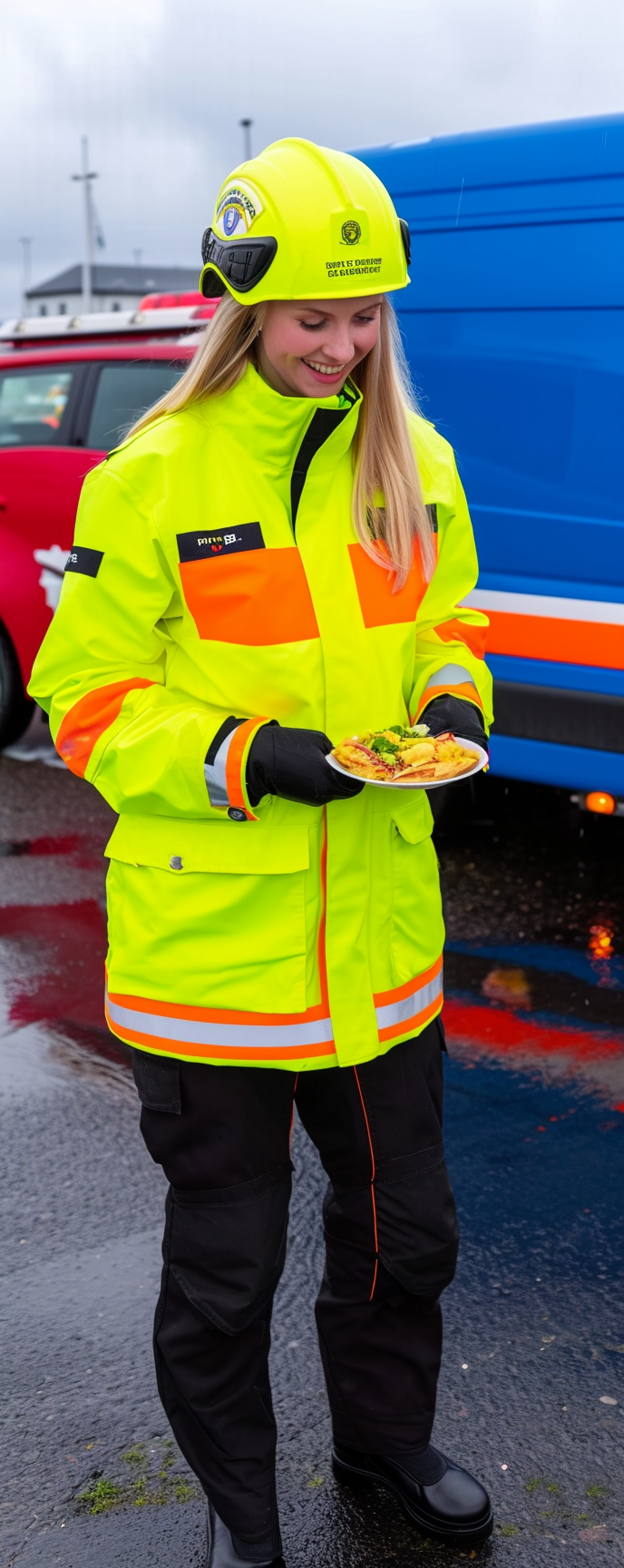 Portrait of female rescue service having lunch break