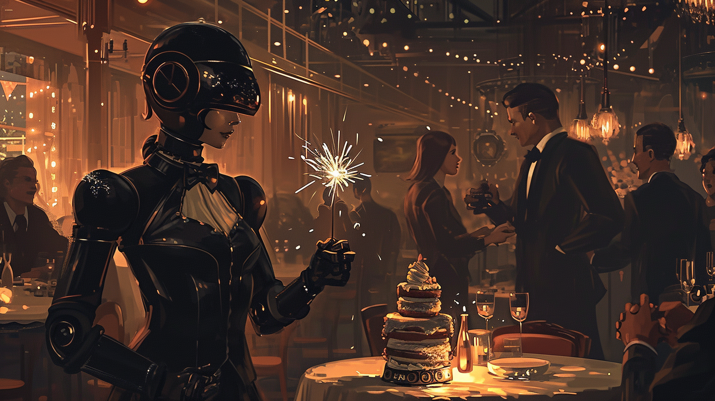 Female robot bringing birthday cake to elegant celebration