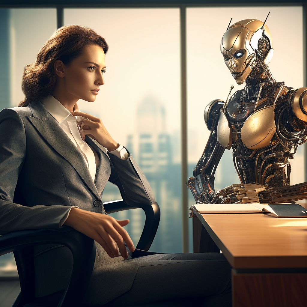 Female robot sitting at executive office desk