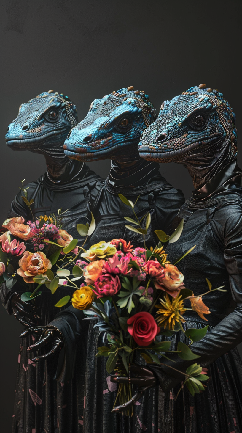 Human-robot hybrid beings holding bouquets