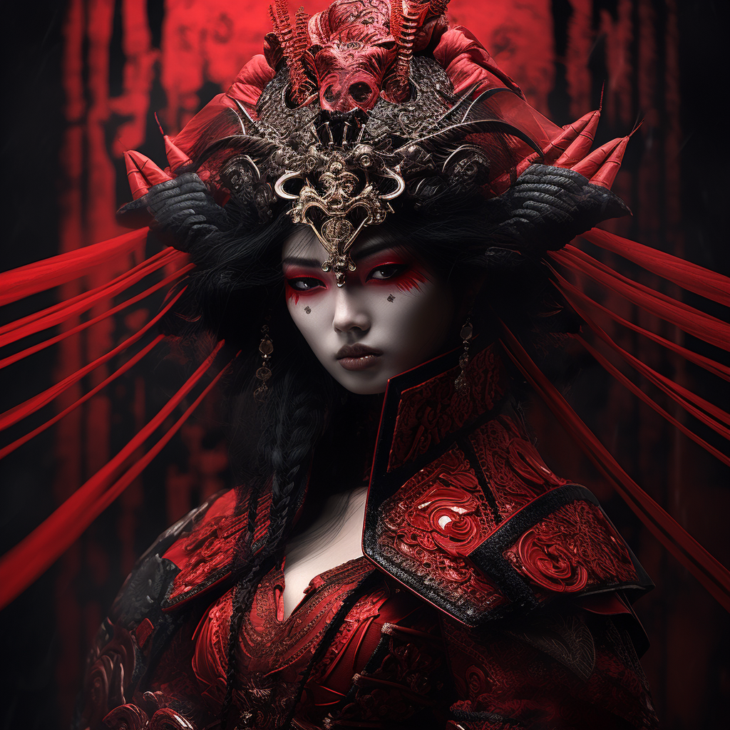 Female Samurai with Dark Venetian Mask