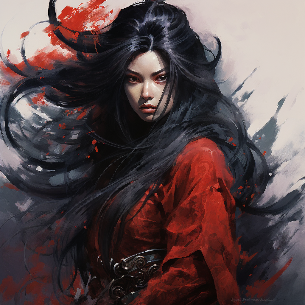 Female Samurai Red Kimono Black Hair