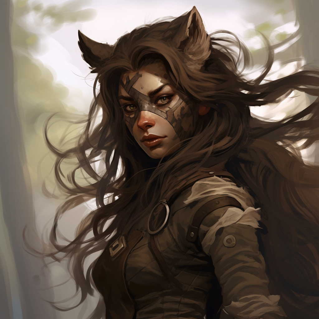 Female satyr with long brown hair and eye patch