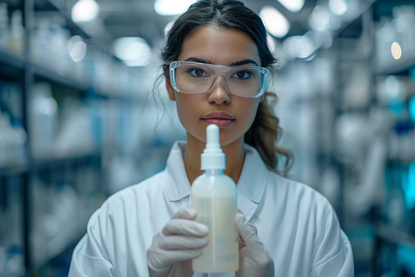 Female scientist holding luxury skincare product