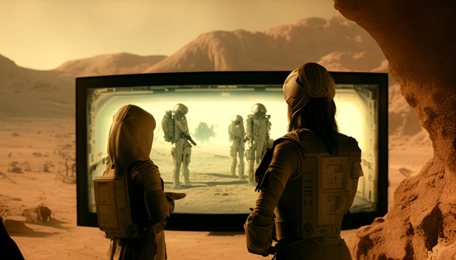 Female Scientists in Martian Basecamp with Robots