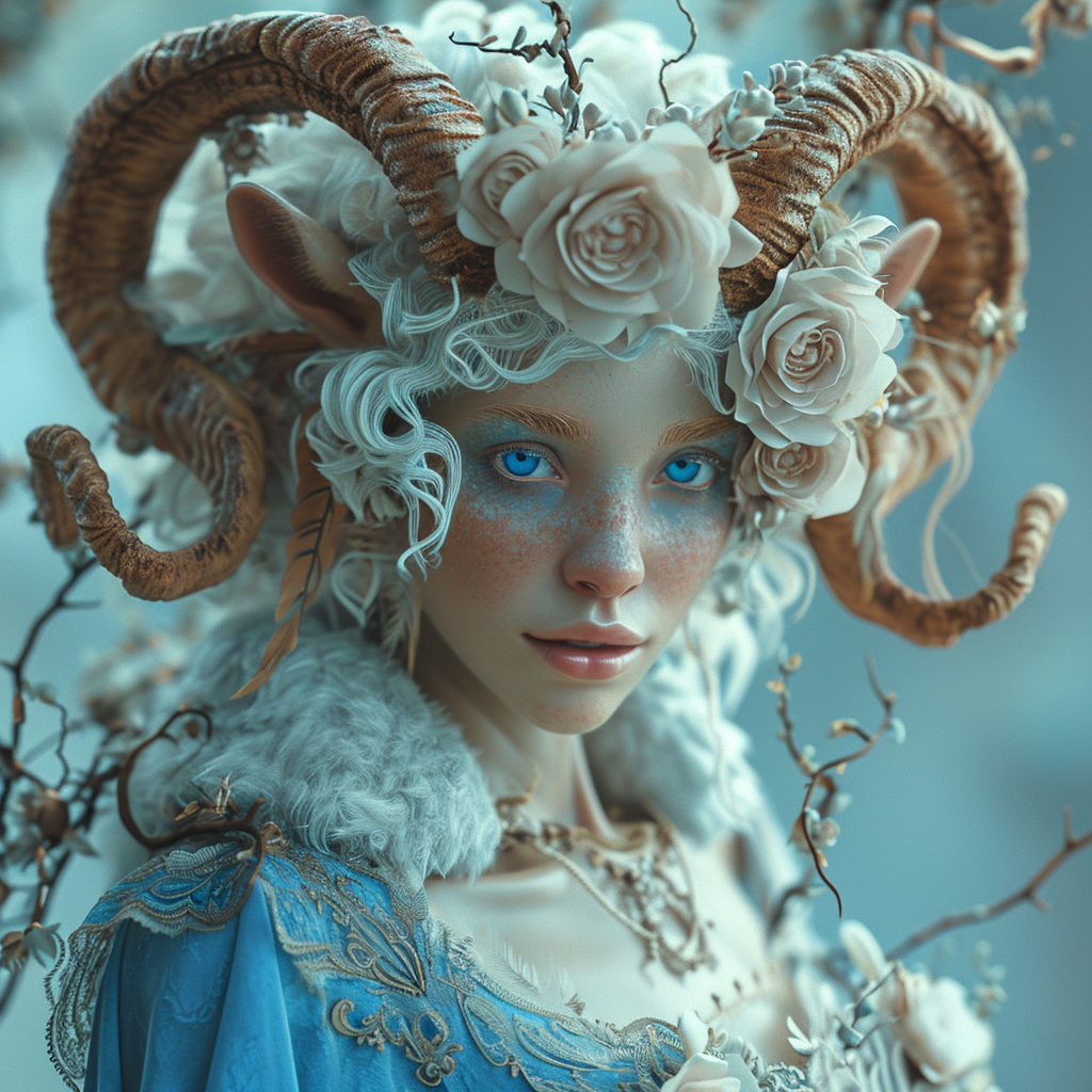 Female sheep satyr with blue eyes and curled horns