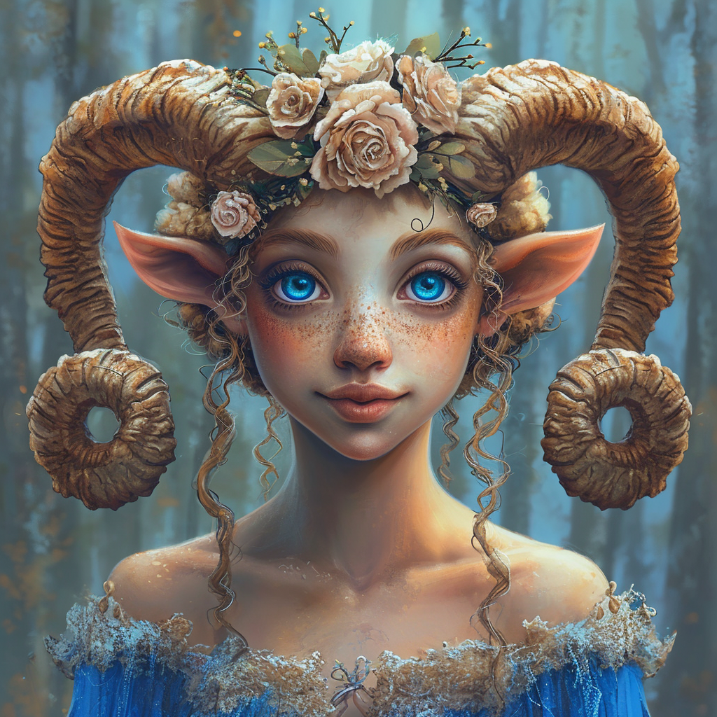 Female sheep satyr with blue eyes and curled brown horns