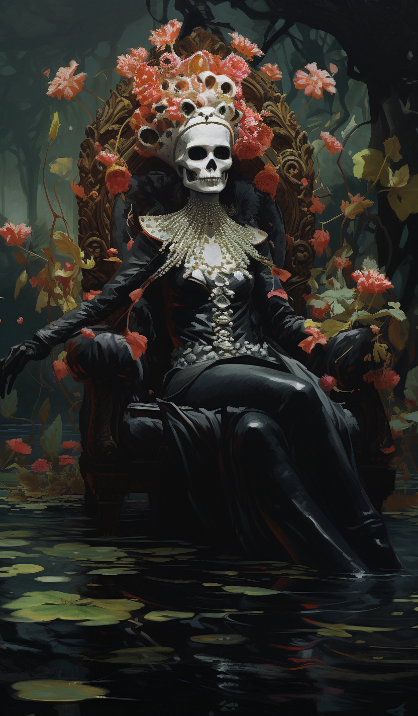 Day of the Dead Art: Female Skull on a Throne with a Staff