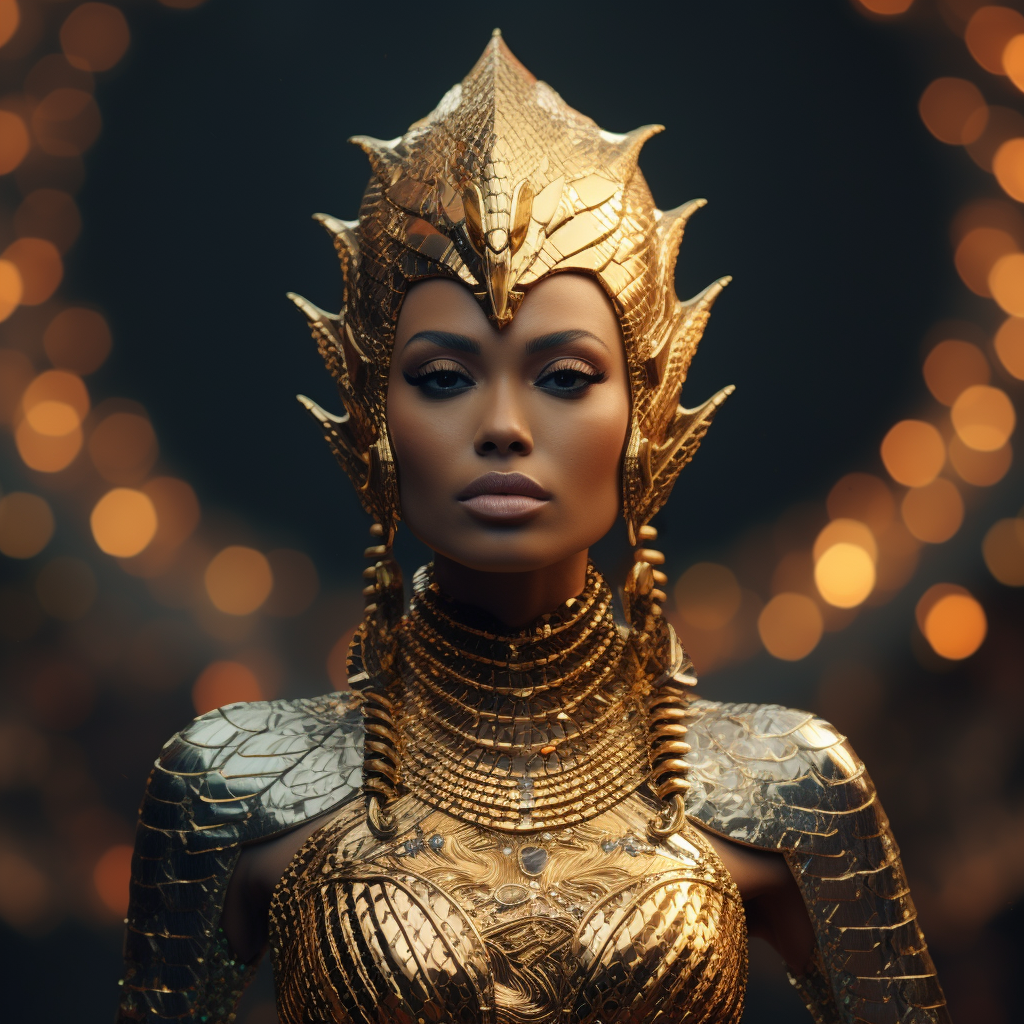 Female wearing golden crown with snake scale skin