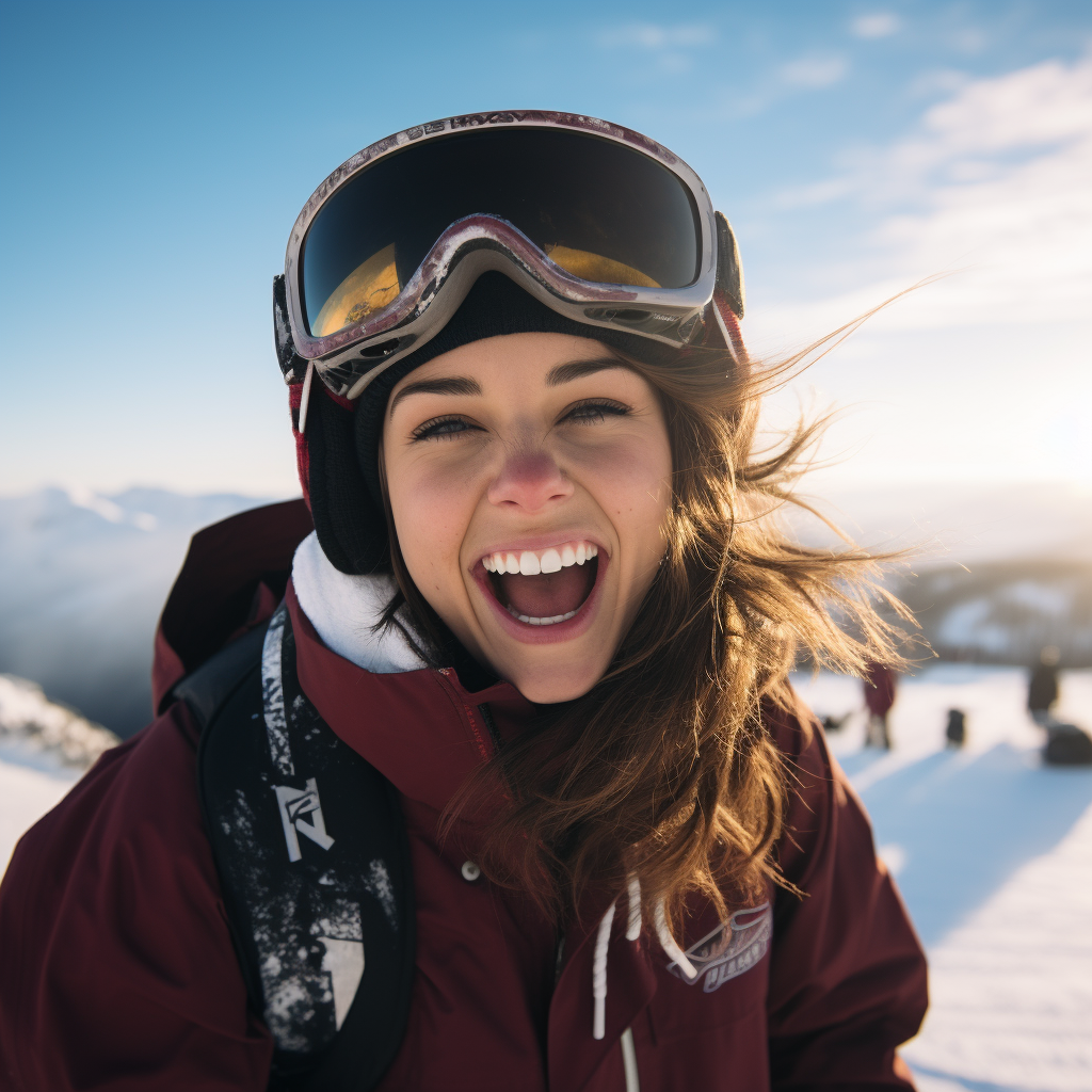 Female snowboarder sticking tongue out