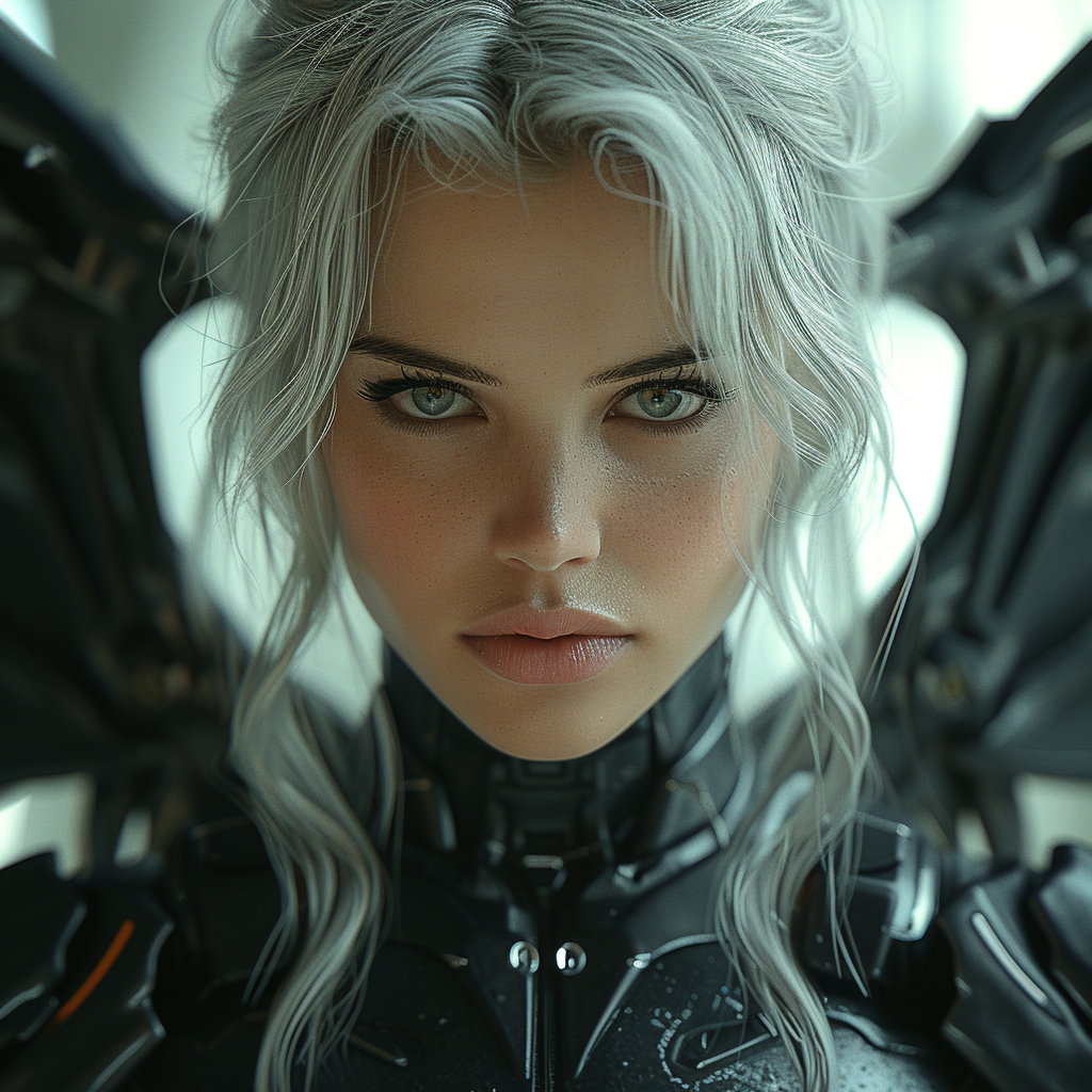 Female soldier with black batwings, white hair, and white eyes