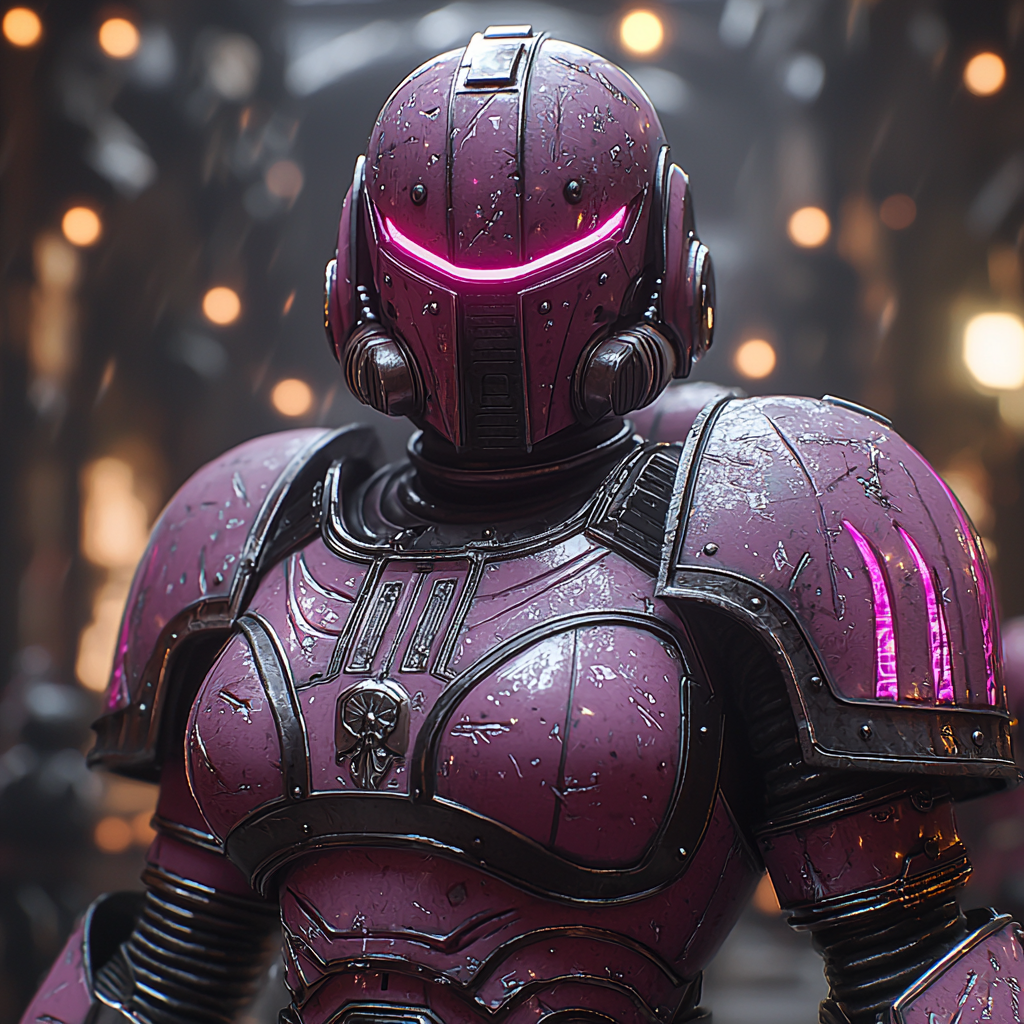 female space marine in dark purple armor, neon pink.