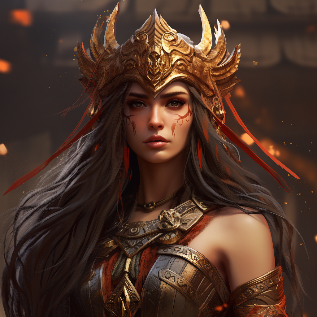 Powerful female Sumerian warrior queen in anime style