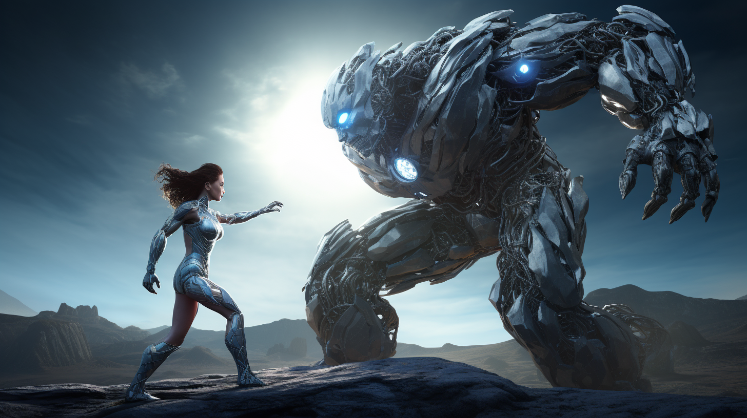 Female Superhero Fighting Evil Robot on Moon