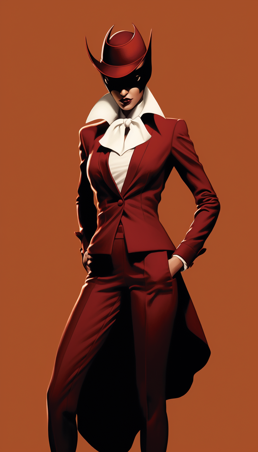 Female supervillain in a burgundy suit, wearing a sad white rabbit mask