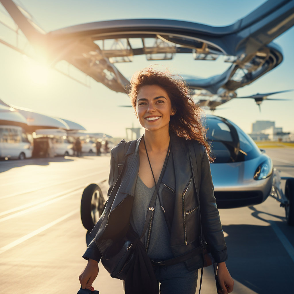 Female traveler exiting flying taxi on airport tarmac