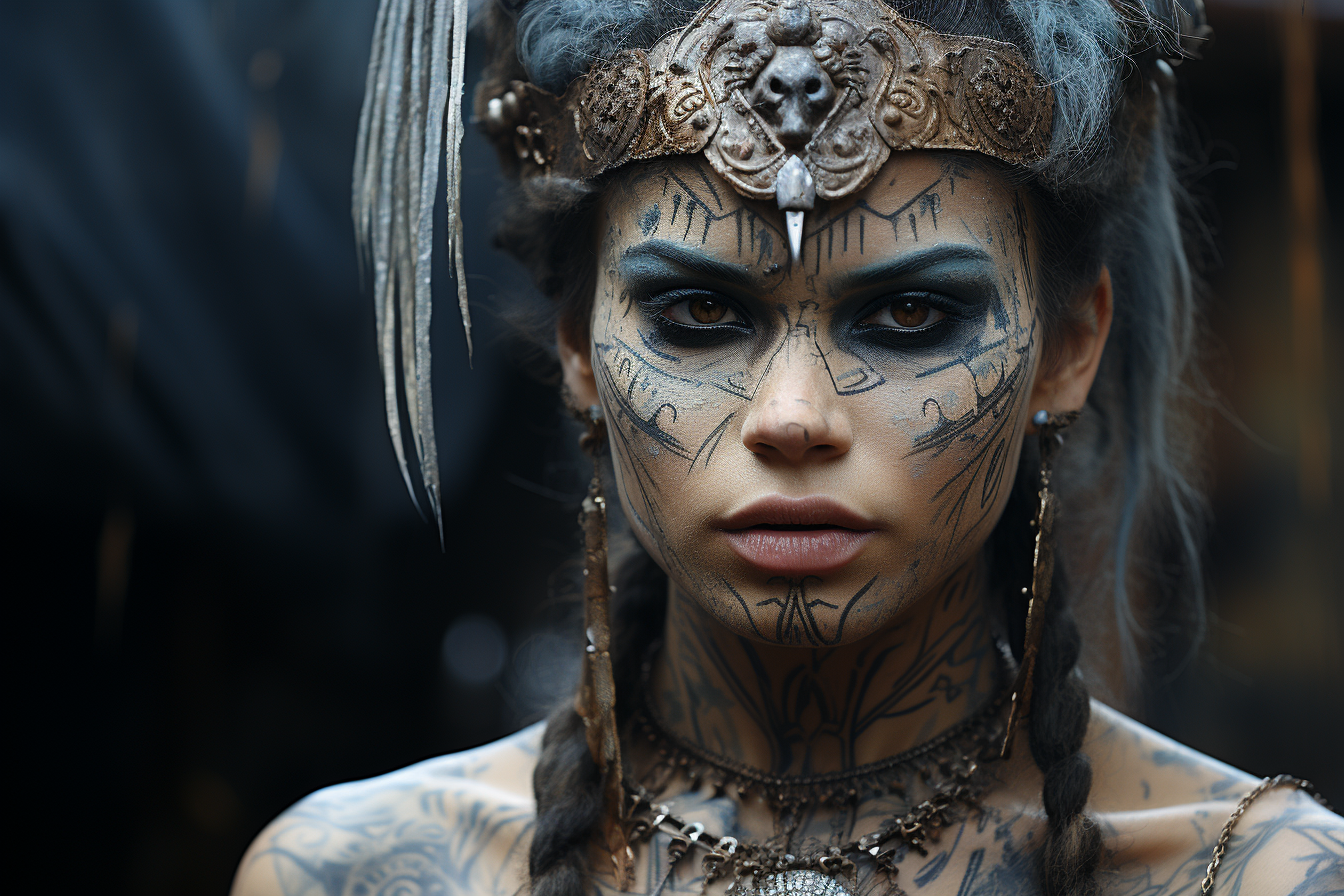 Beautiful Viking warrior with sword and skull mask