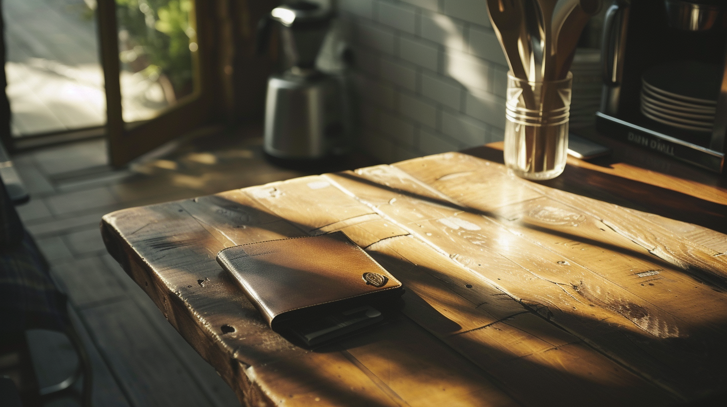 Female wallet on kitchen table