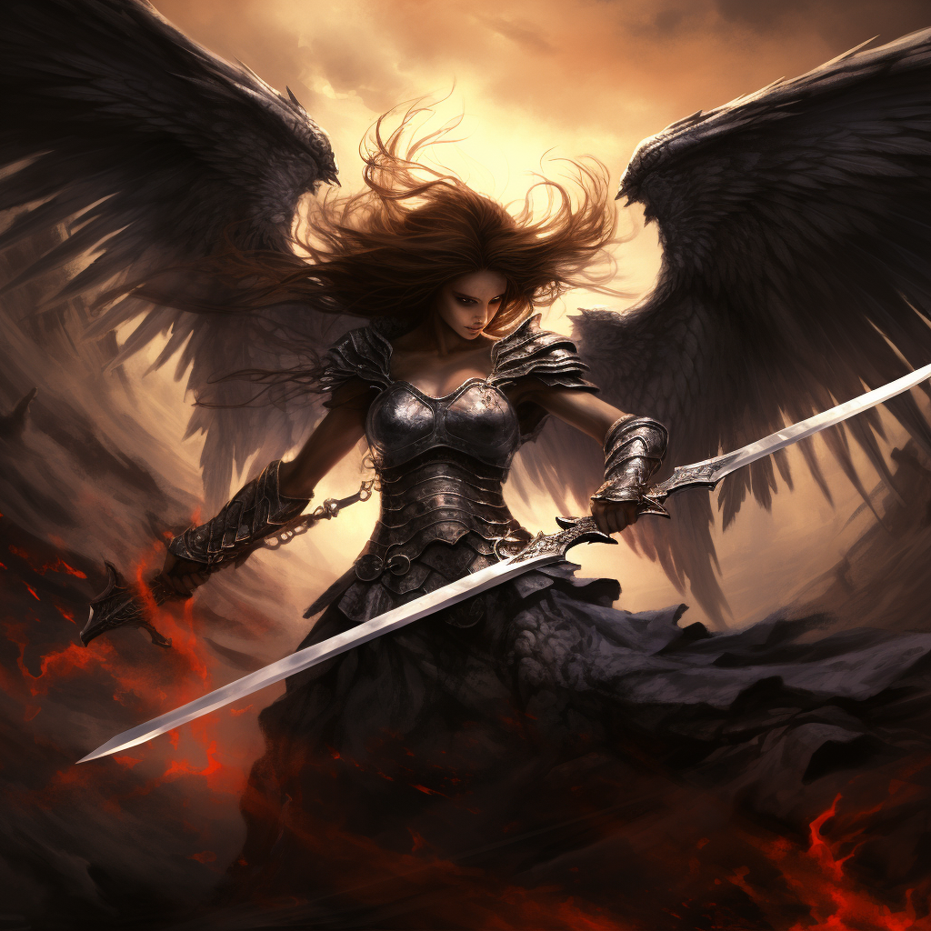 Female Warrior Angel Battling Fearful Demon