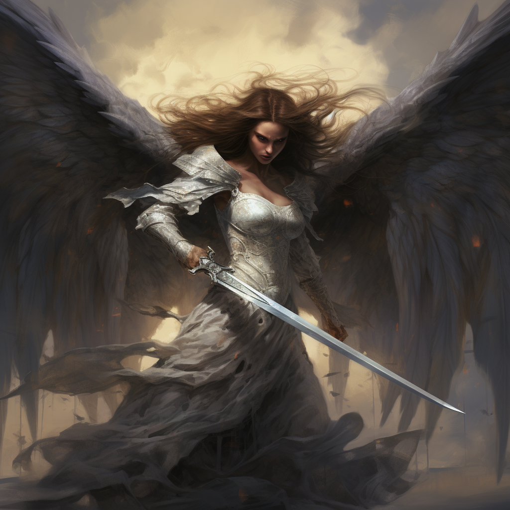 Female warrior angel fighting a demon bravely.