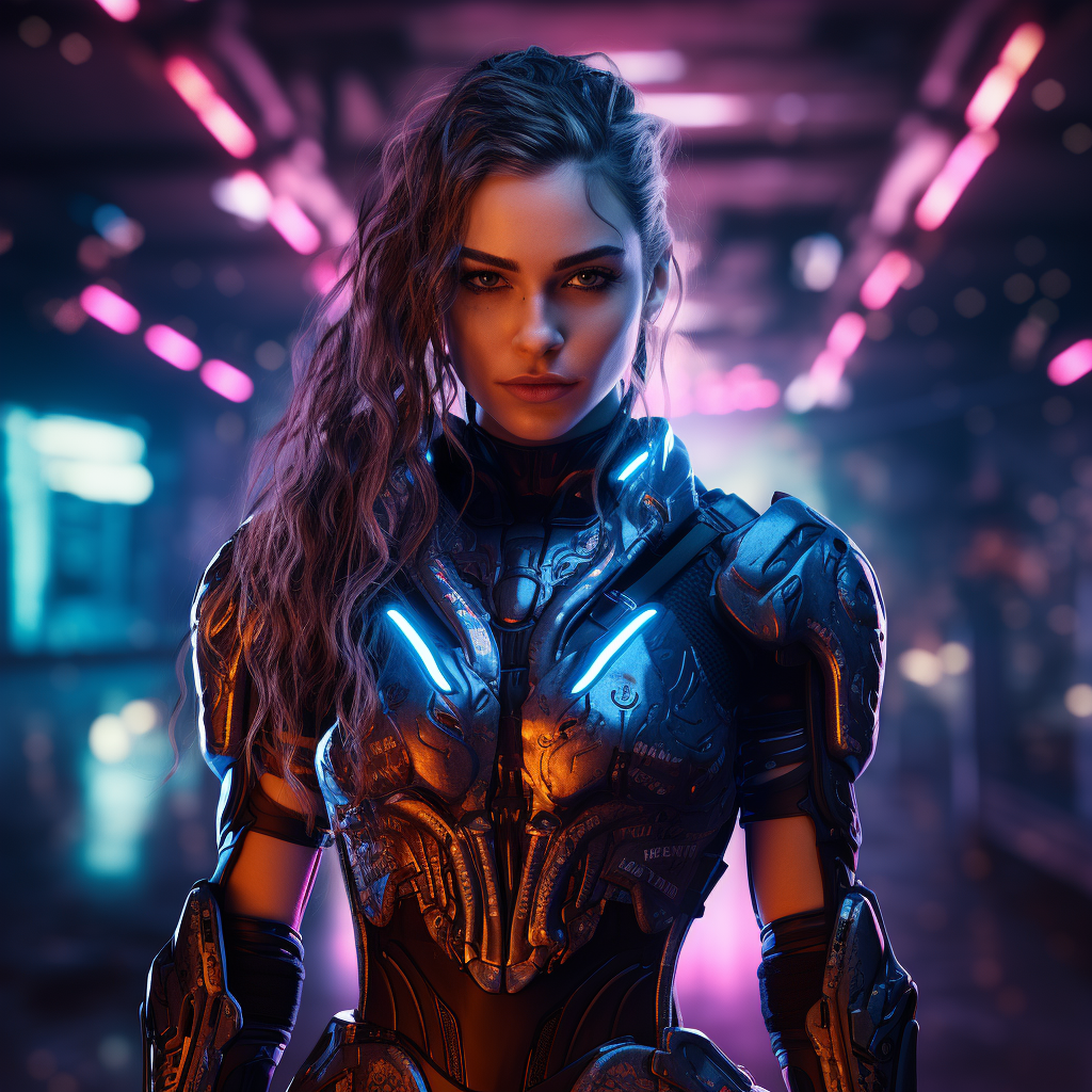 Female warrior in cyberpunk neon battle