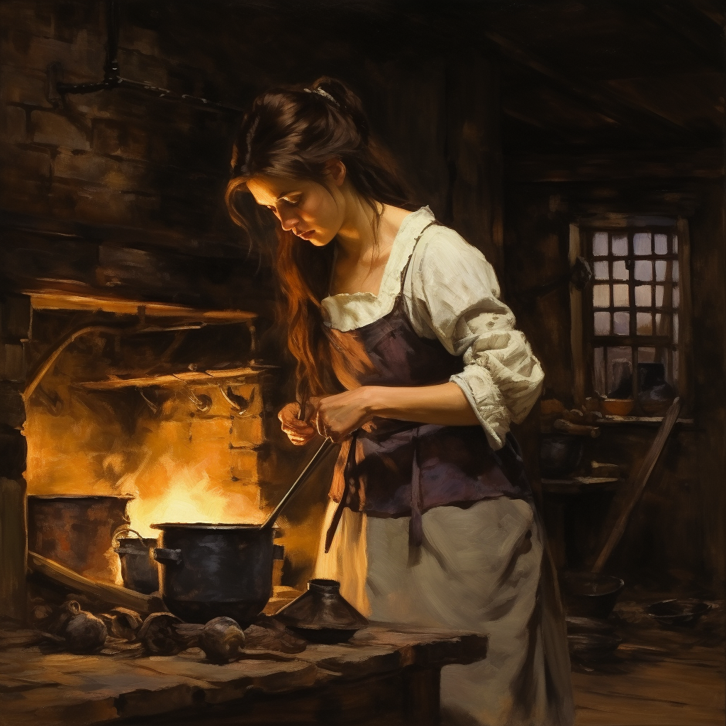 Brave female warrior cooking meal