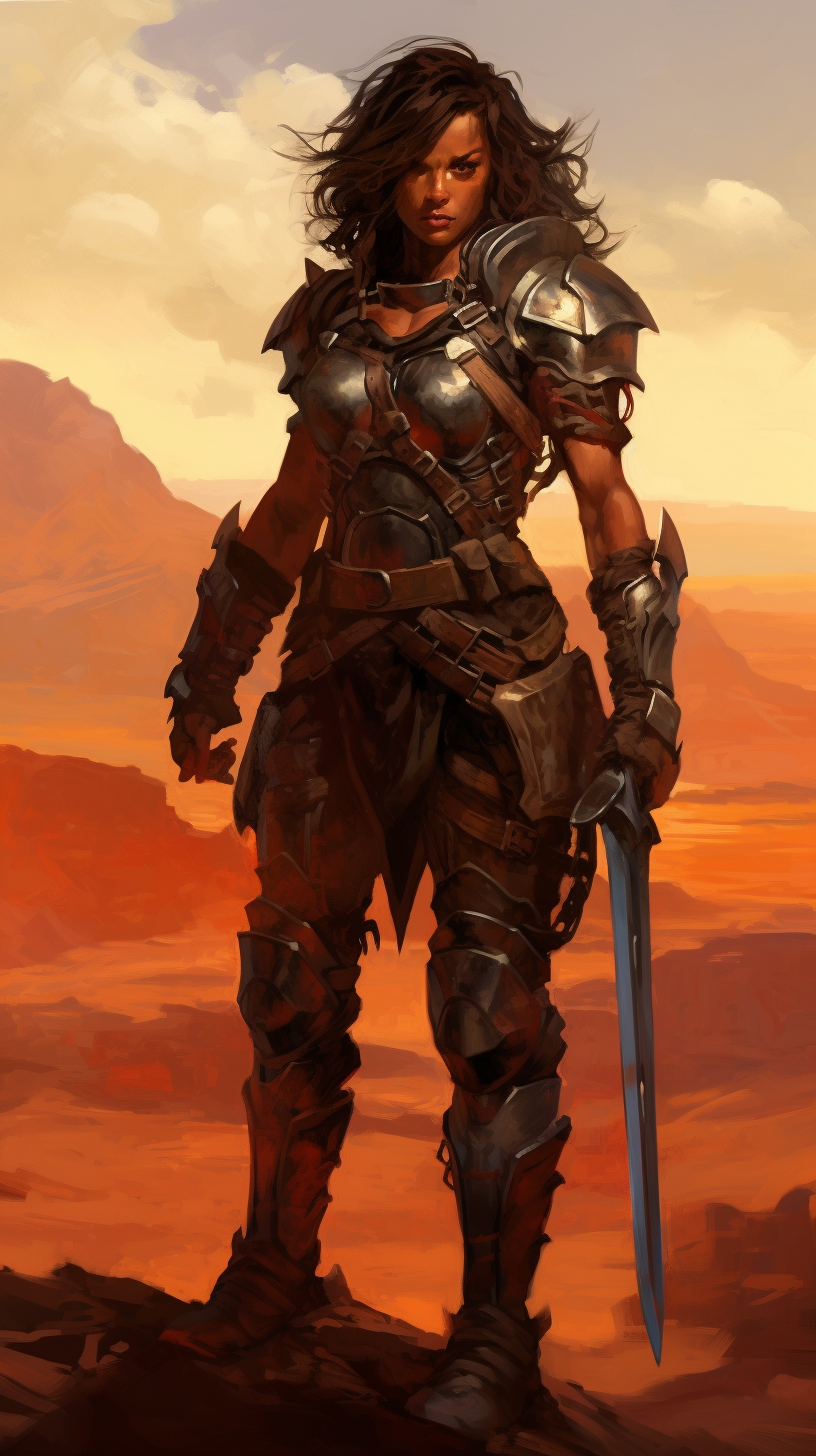 Female warrior with leather armor in desert