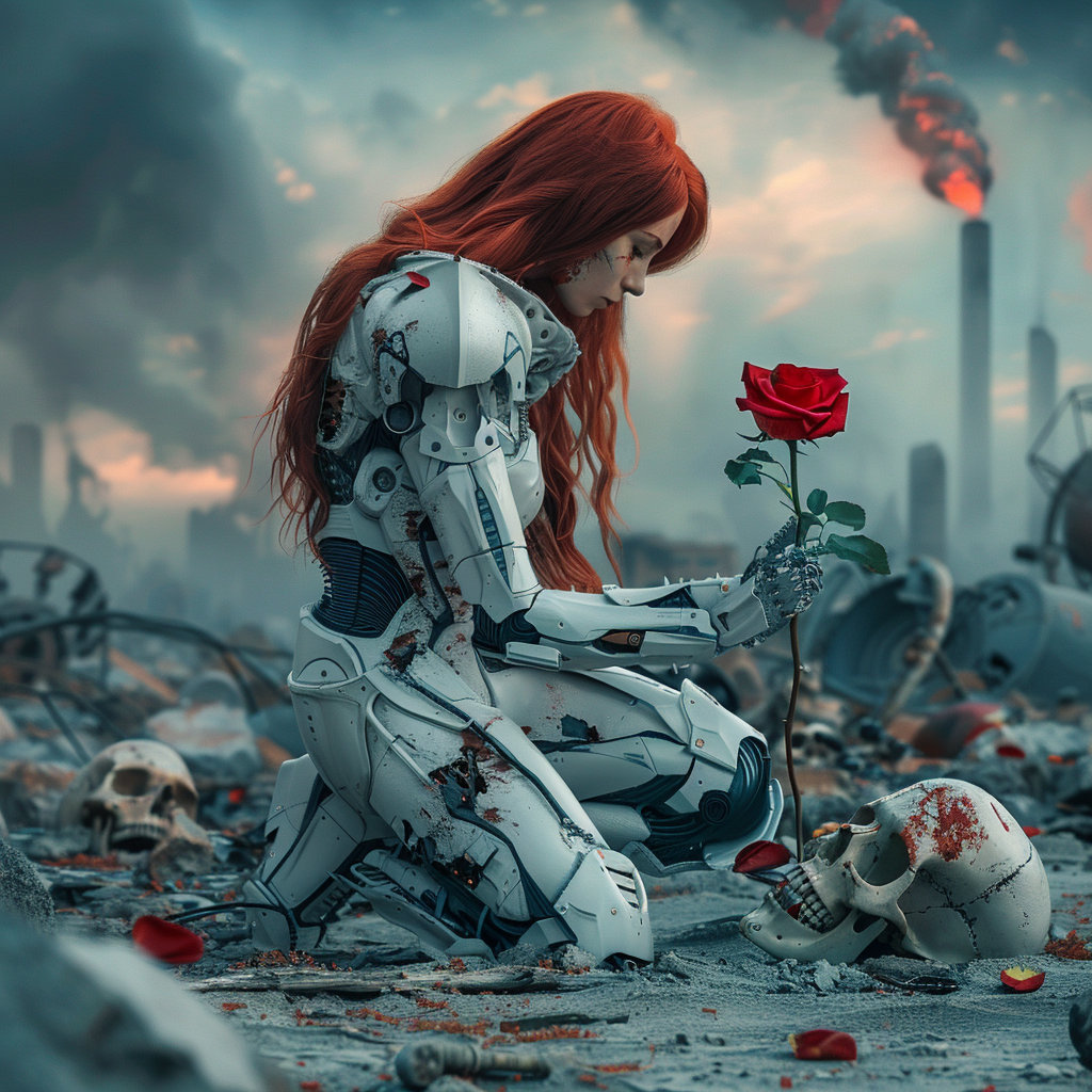 Warrior with Rose in Post-Apocalyptic Landscape