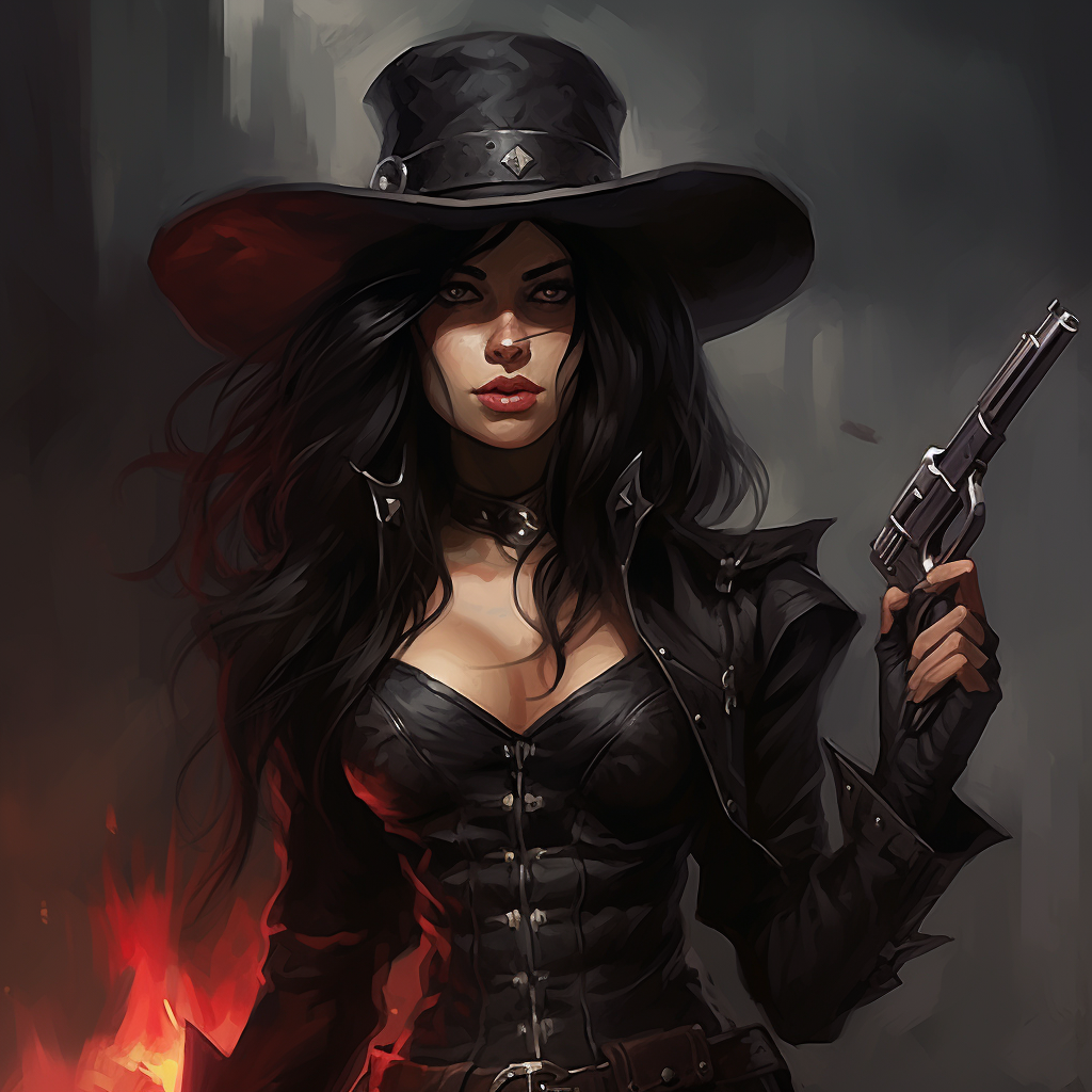 Female witch hunter with hat, pistol, and black hair