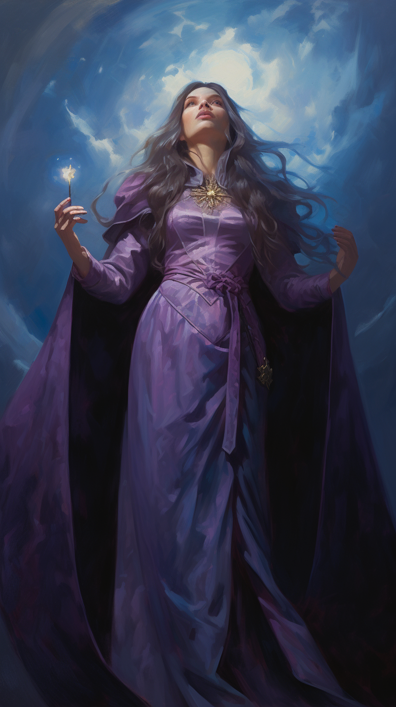 Female wizard in purple robe with long hair