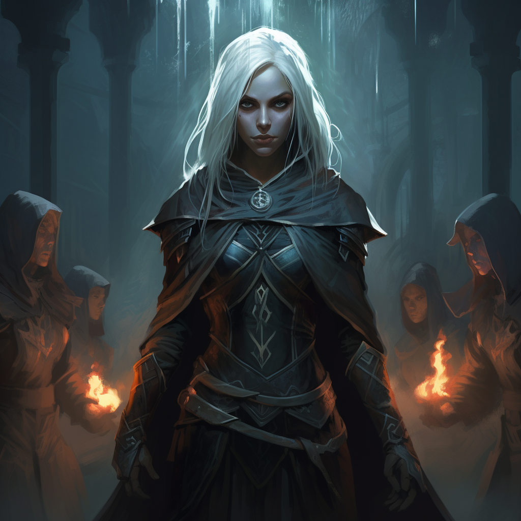 Powerful female wizard with her loyal drow fighters