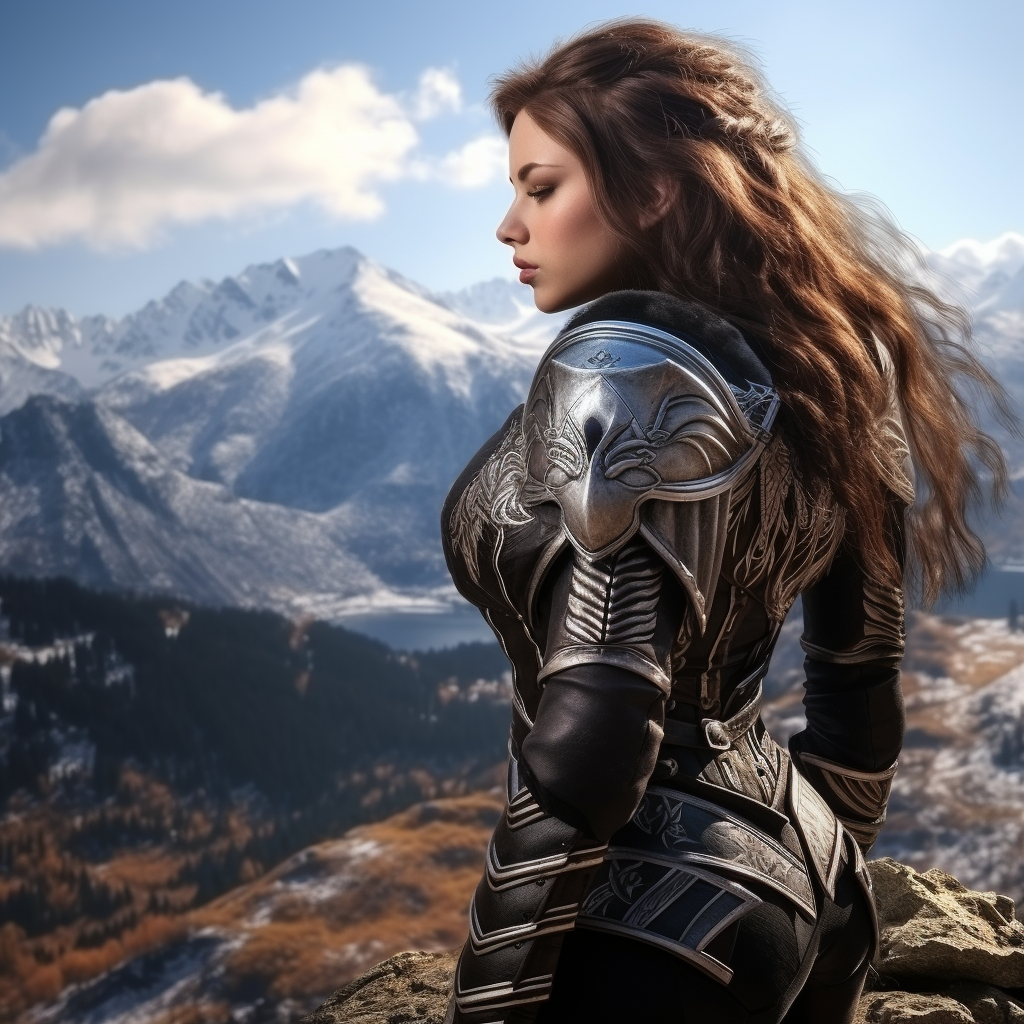 Female warrior in leather armor on Skyrim mountain