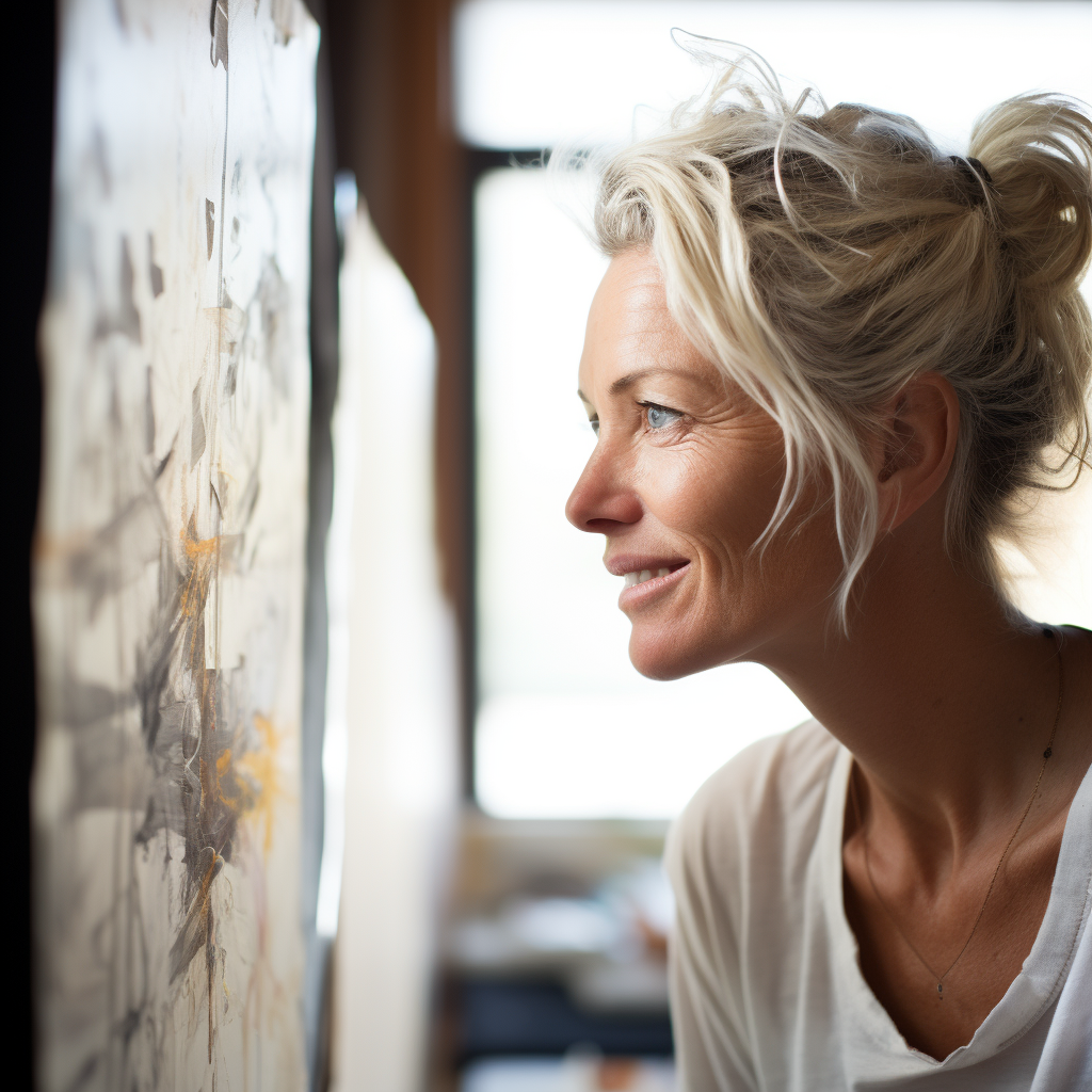 45-year-old female artist looking at canvas