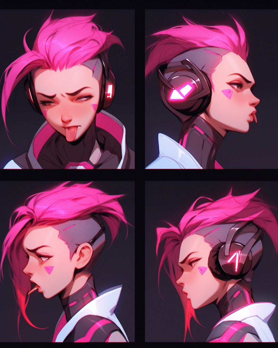 Four female emotes of Aurora in cyberpunk style