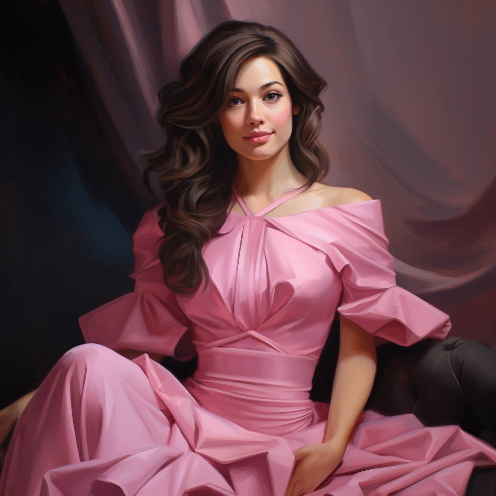 Female with flowing brunette hair in pink peplum dress