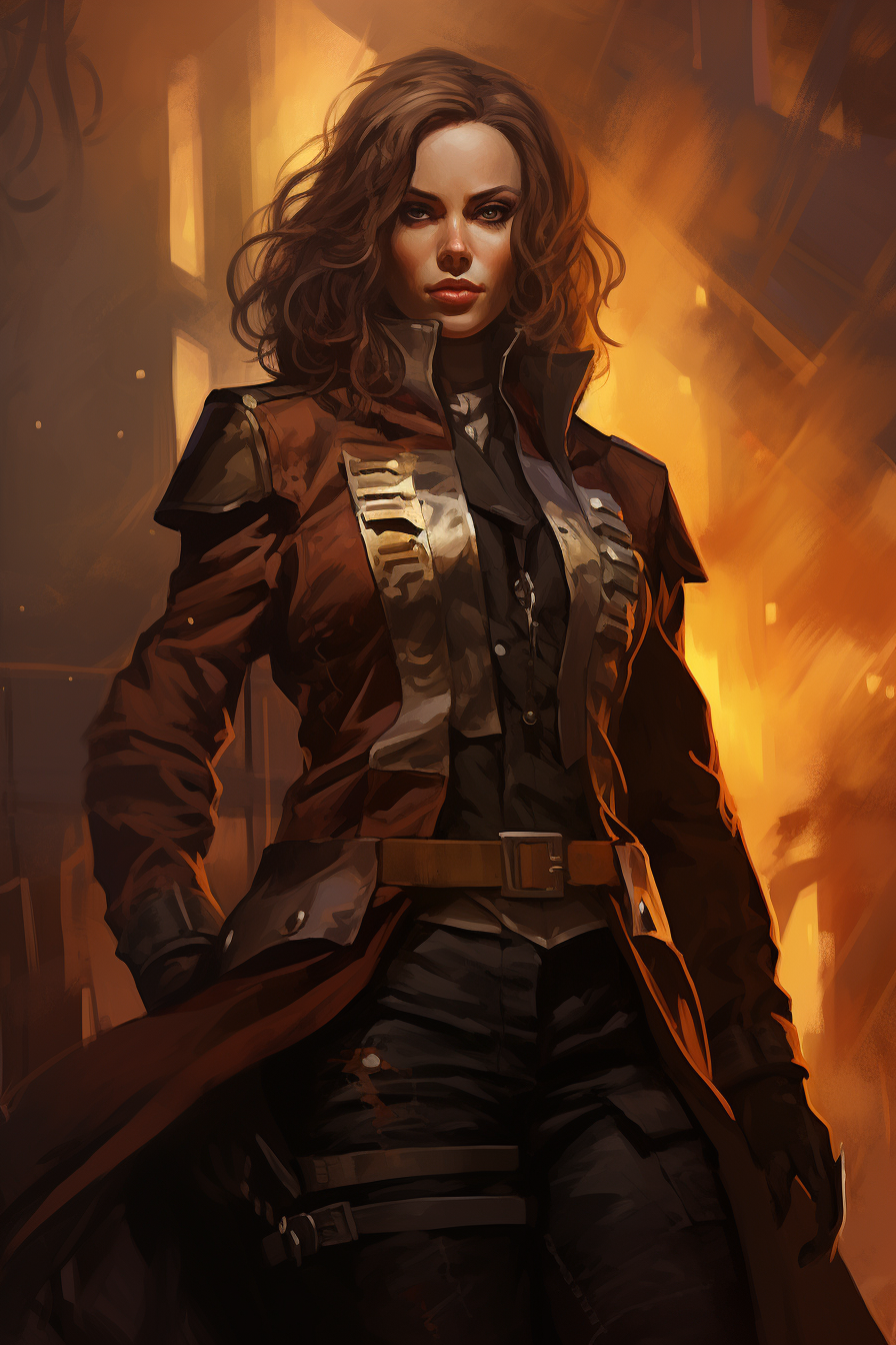 Female crime lord in charismatic warzone pose