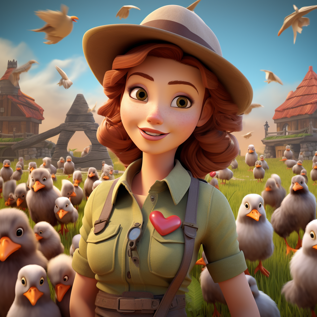 Female farmer with red hair surrounded by chickens and ducks