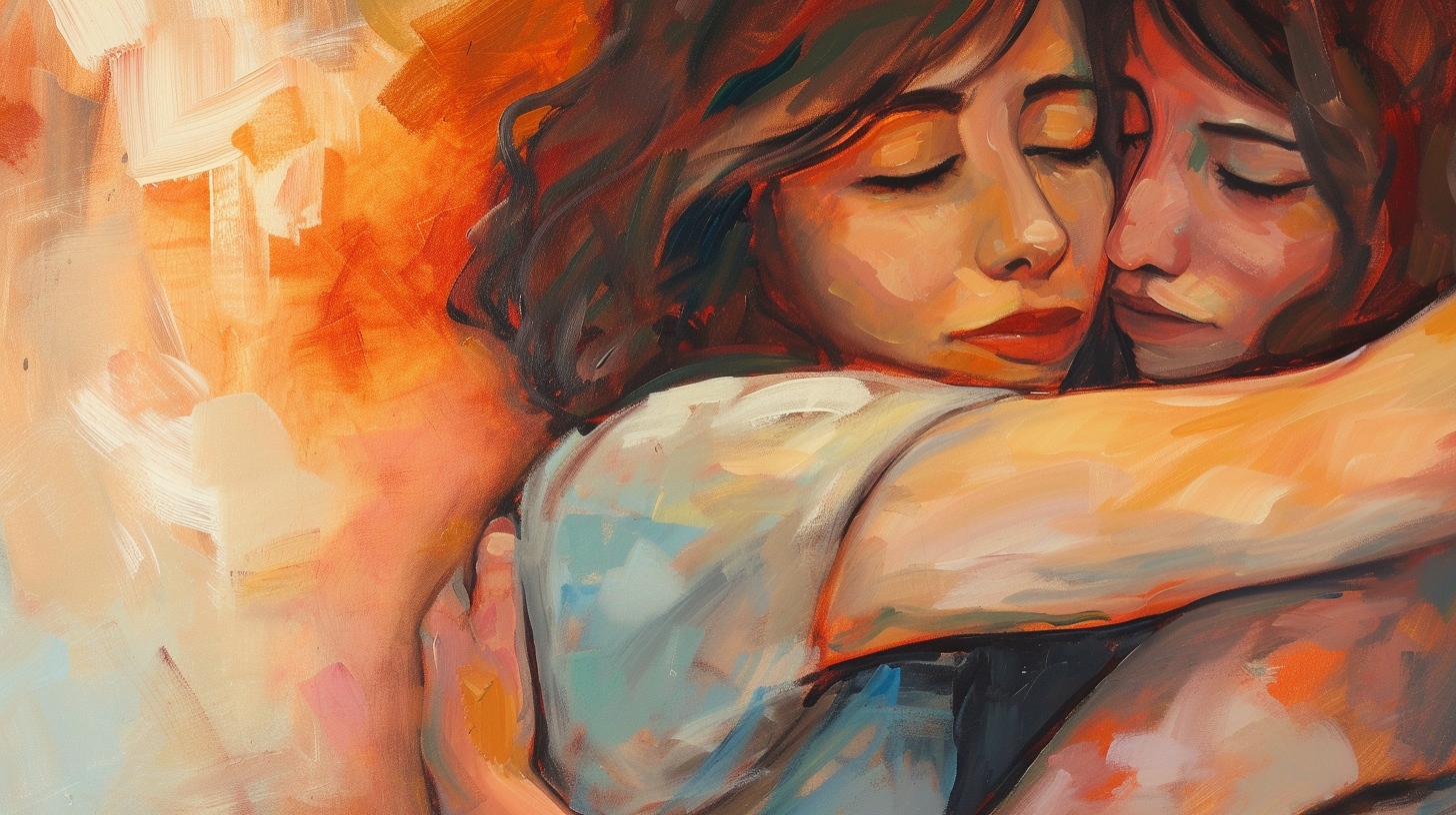 Female friends hugging in oil painting