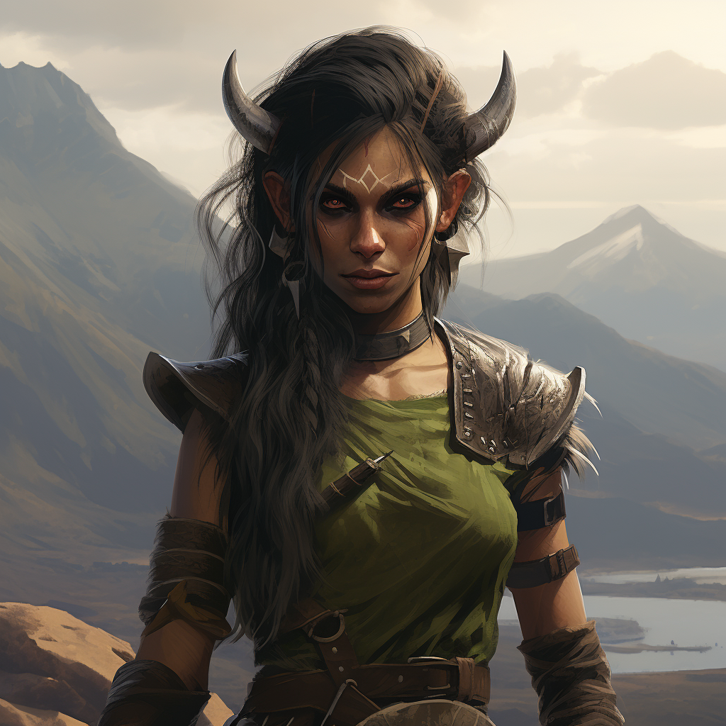 Dark-skinned female goblin with viking hairstyle in Indian-viking clothes