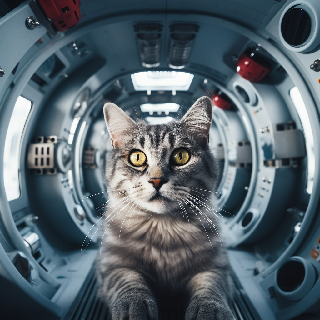 A gray cat in a spaceship shelter