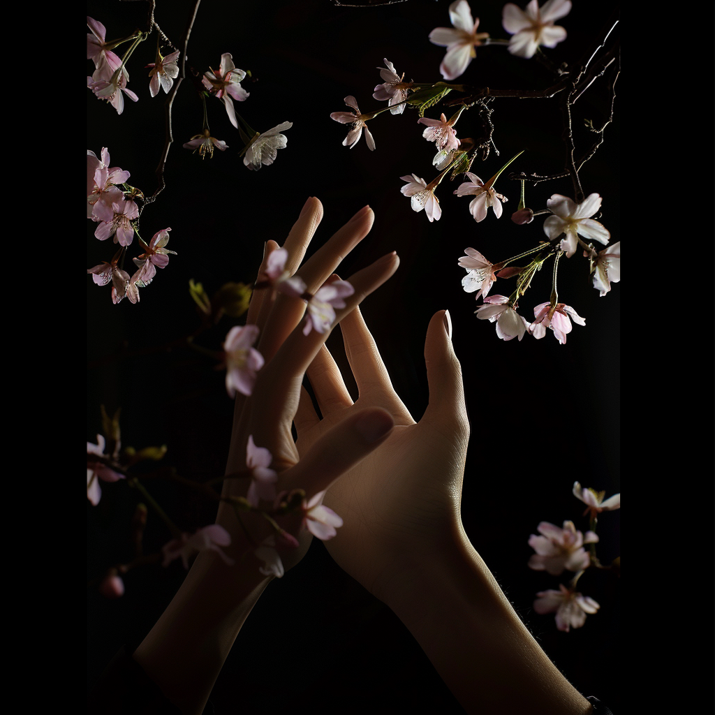 Female hand with cherry blossoms