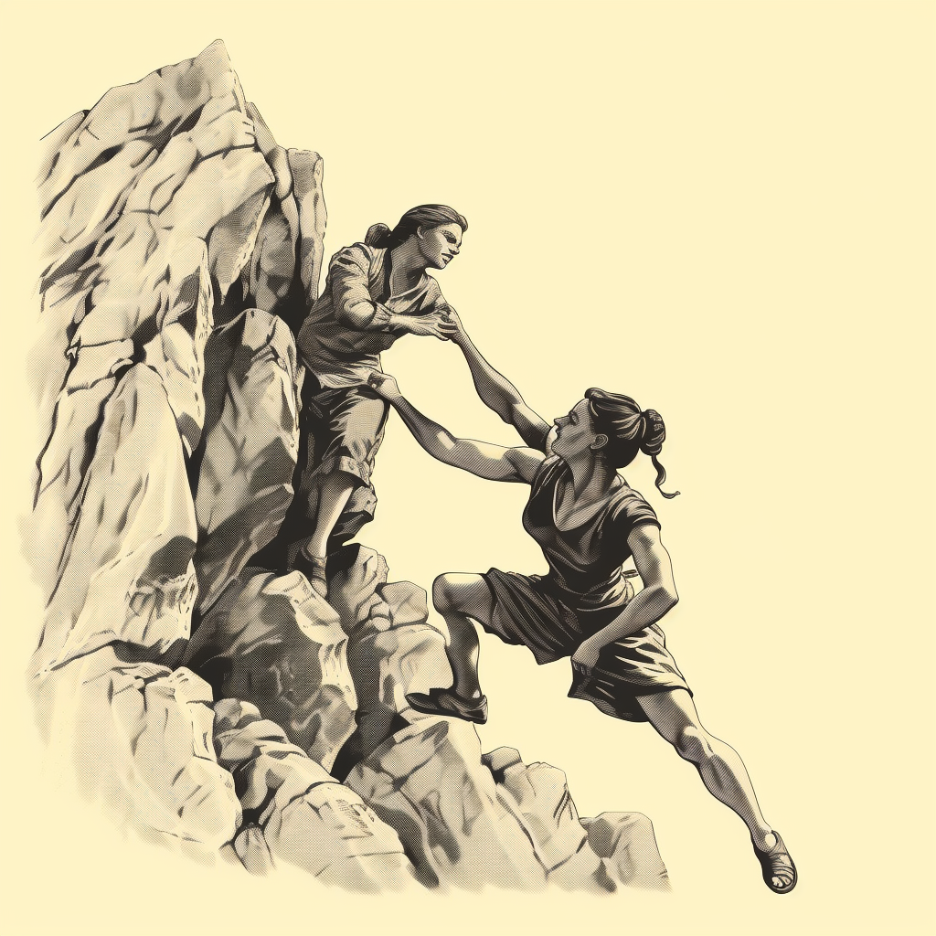 Female helping male climb rock