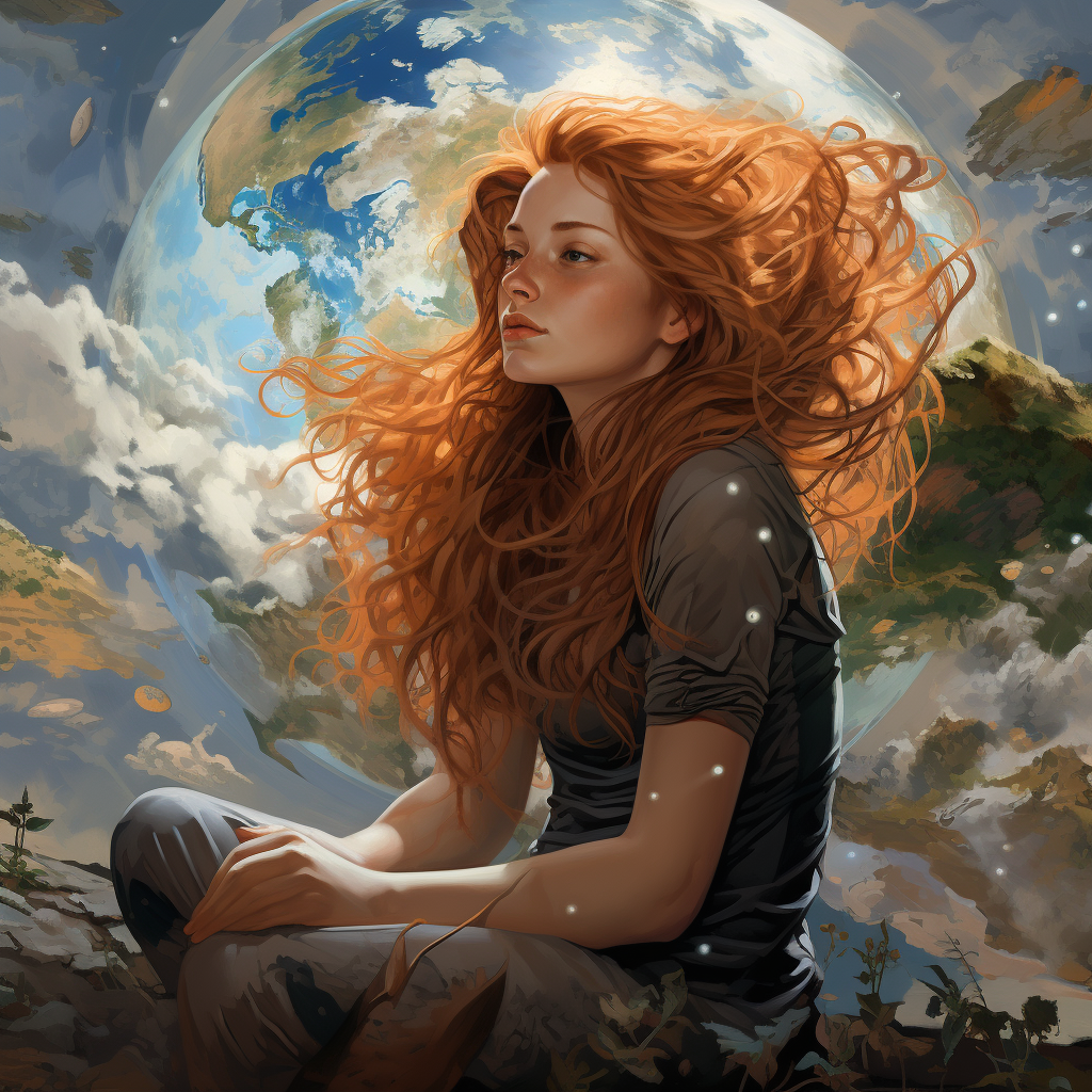 Female hero with lush hair at the end of the world