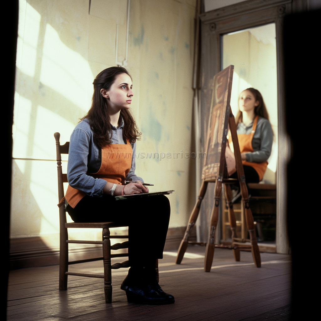 Novice female model painting with artist