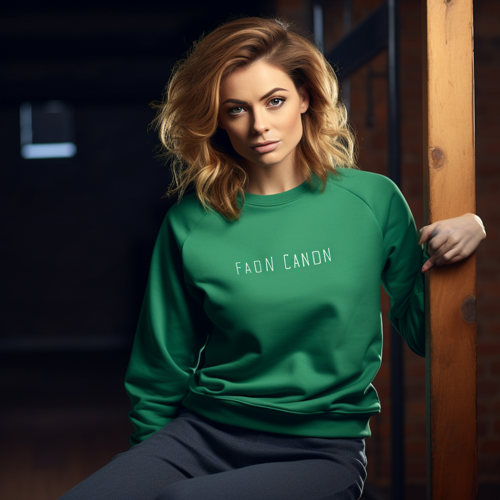 Adult female model posing in Irish green sweatshirt