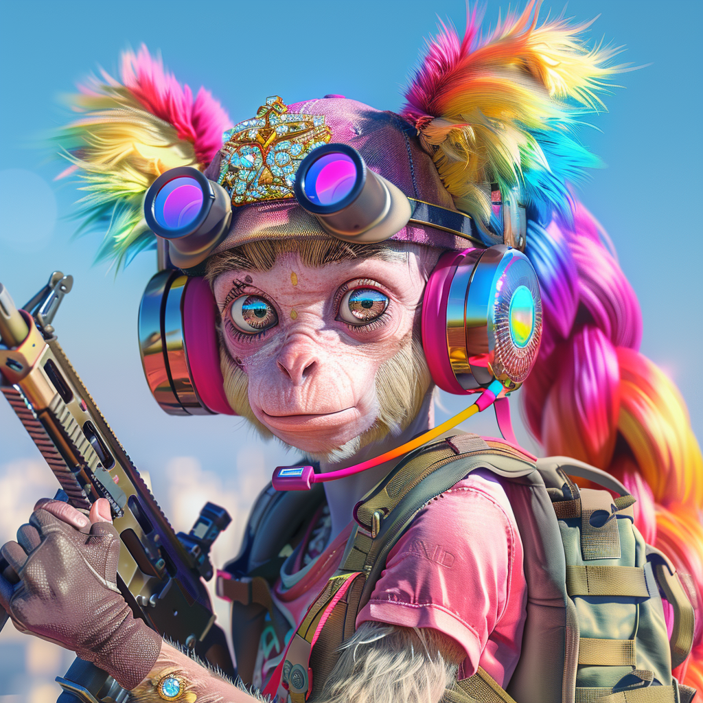 Female monkey with rainbow hair holding sniper rifle