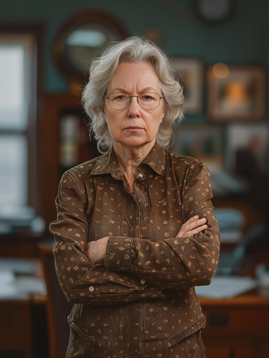 Kathy Bates look-alike at desk