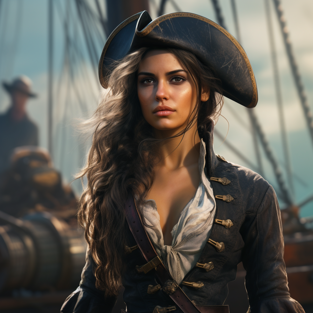 Holding Her Sword, Female Pirate Sailing on Realistic Sloop