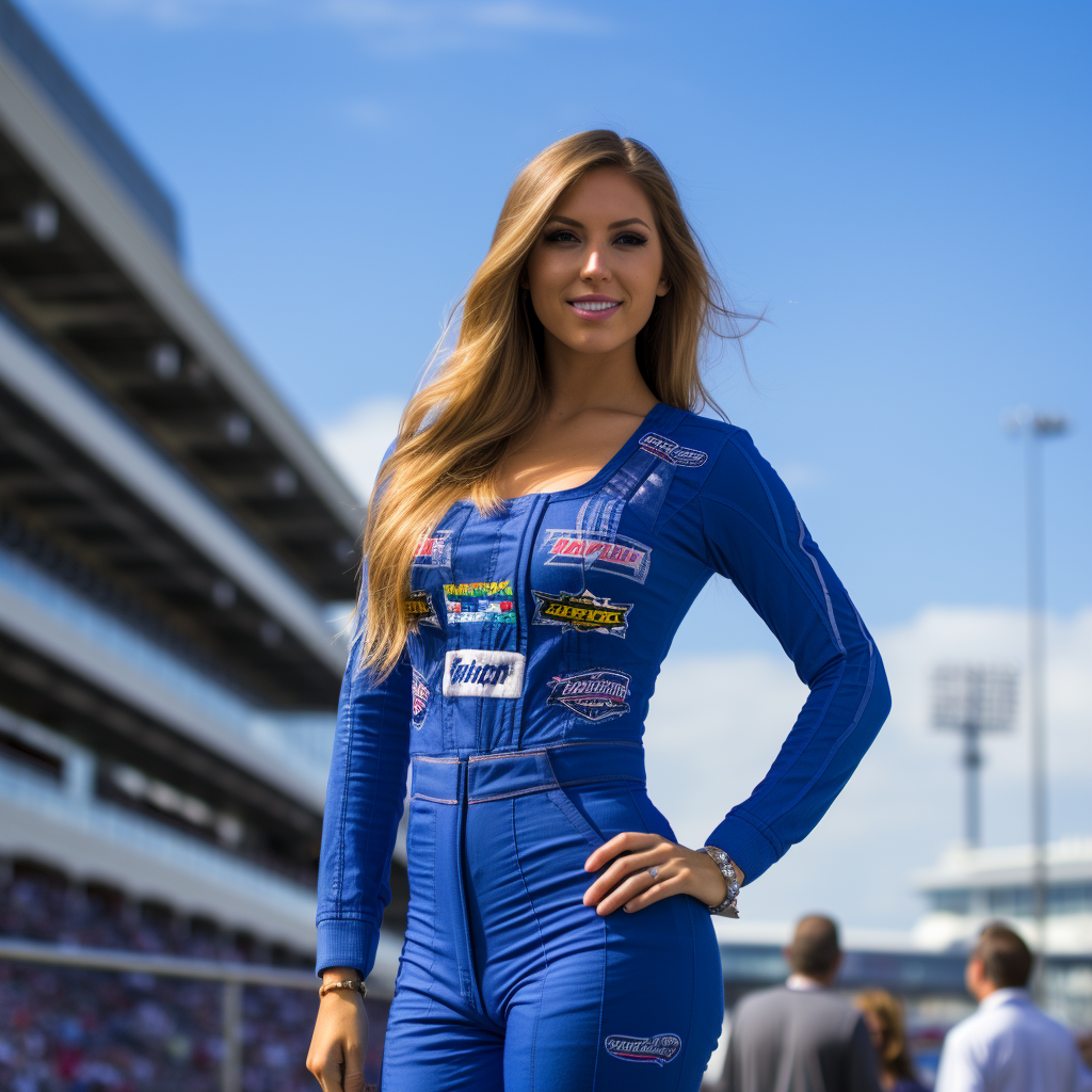 Promotional model in blue bodysuit at Nascar race