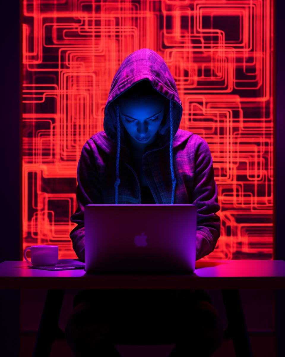 Neon female silhouette in tight clothing on laptop